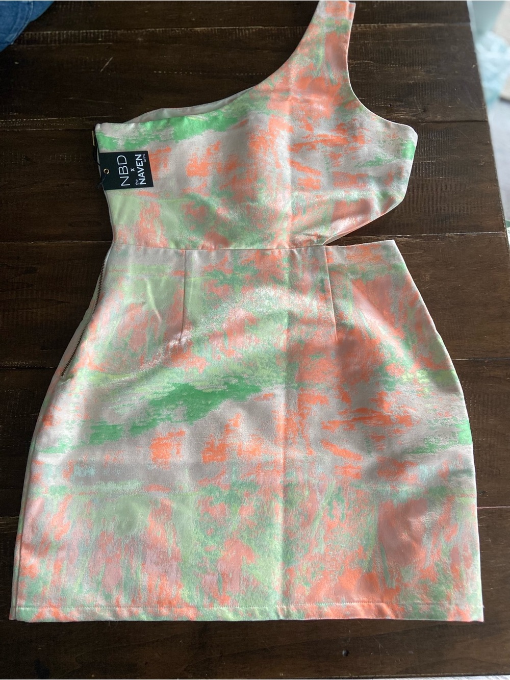 Cutout Mini dress size medium orange and green watercolour-style one shoulder